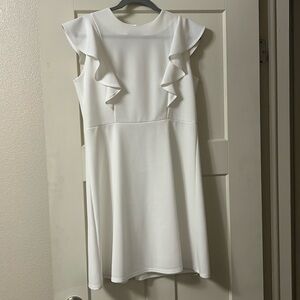 White dress. Worn only once. Mini skirt length. Cinched waist. Fits like a Large
